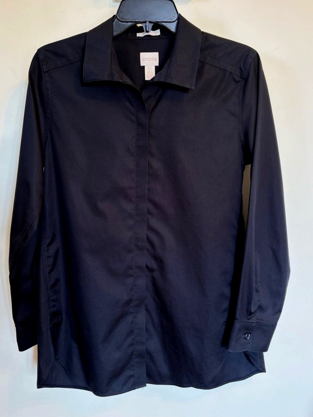 Chico’s No Iron Black Button Down Shirt 100% Cotton Long Sleeve Size 0 S